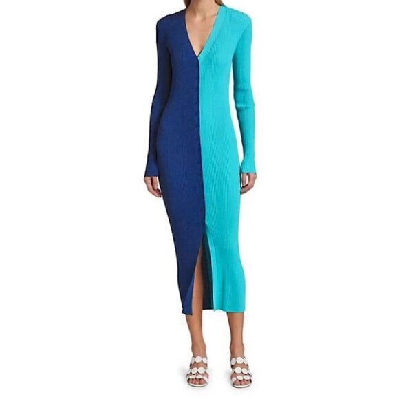 New Staud Shoko Colorblock Ribbed Bodycon Dress Blue Aqua Small $195 - Picture 1 of 8